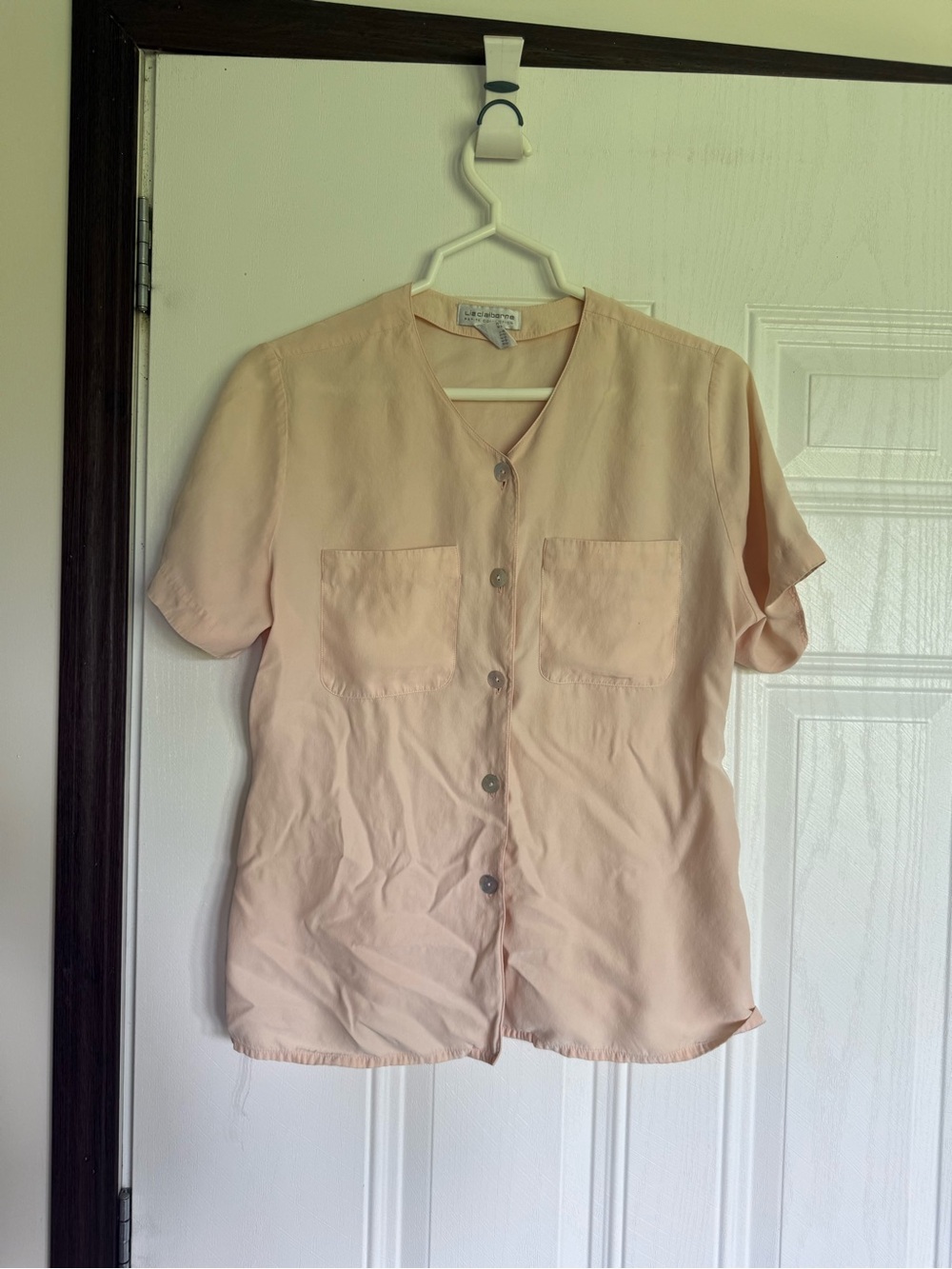 2 for $20 sale: Vintage Liz Claiborne peach V-neck, button-down silk shirt - 8